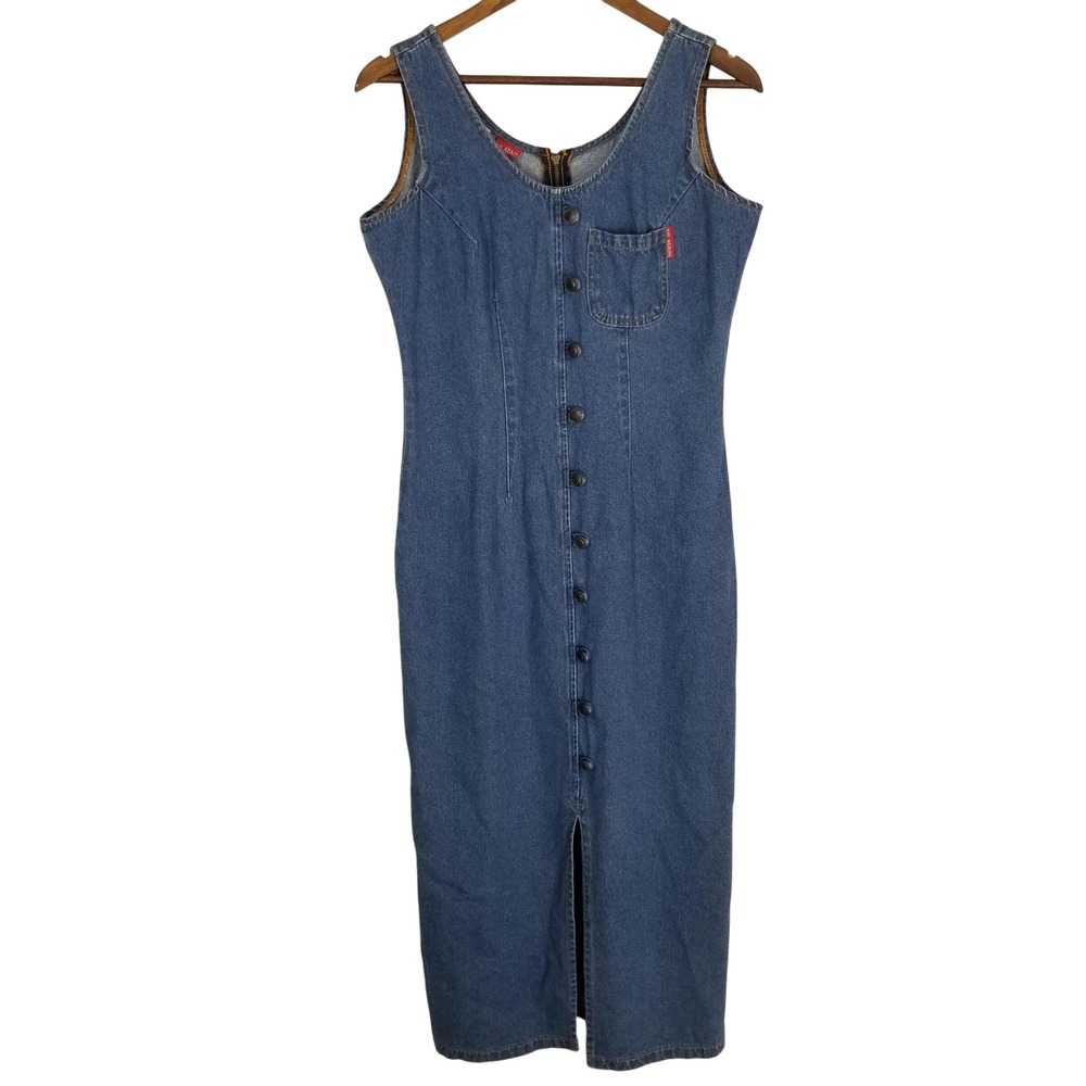 US Again Vintage 90s Denim Maxi Dress Blue Button Front Sleeveless Size 7‎